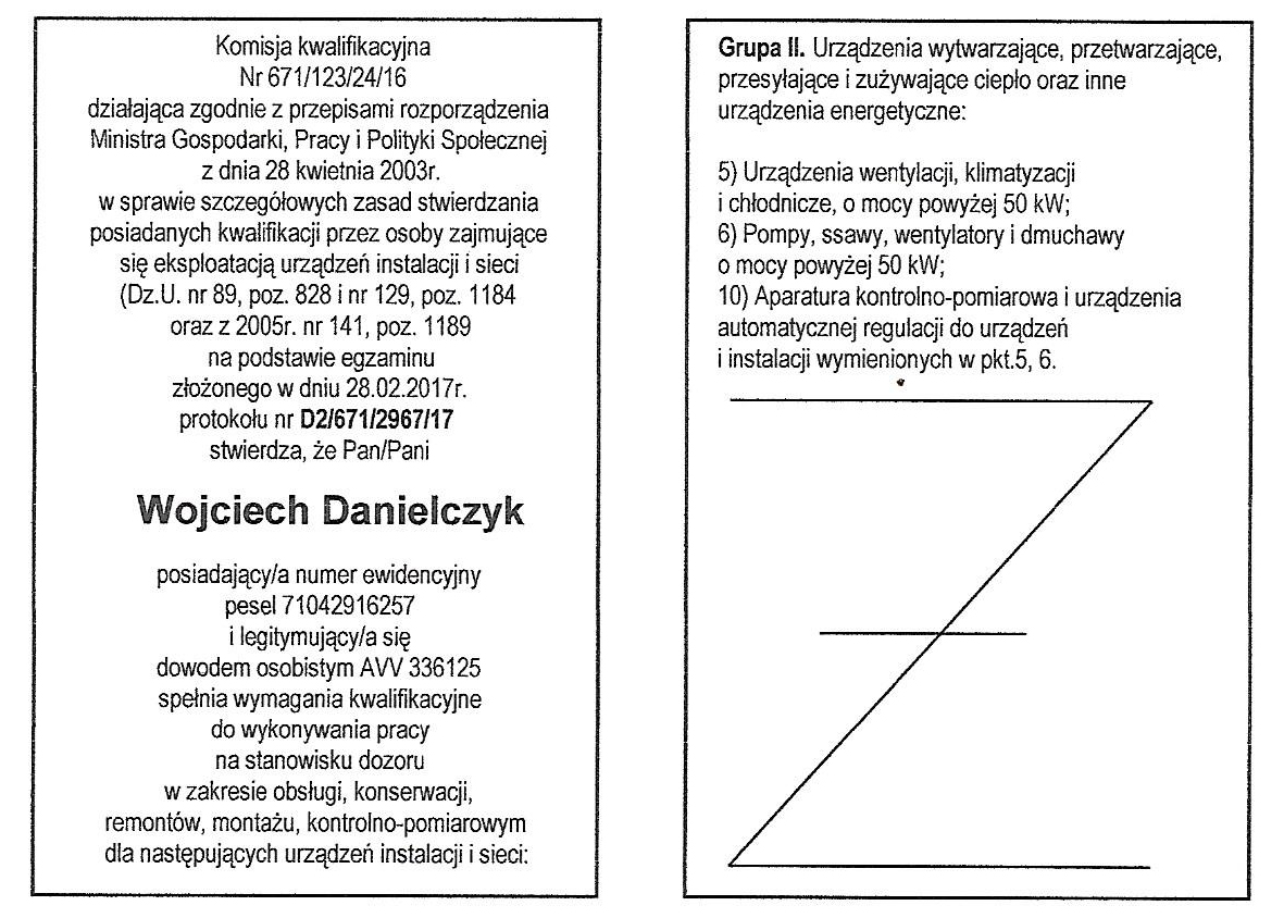 Mistrz Kominiarski Wojciech Danielczyk - świadectwo